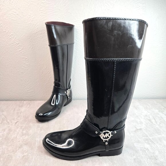 Michael Kors Rain Boots Black Brown Knee High Tall Eauestrain Riding Rubber Boot - Picture 1 of 12